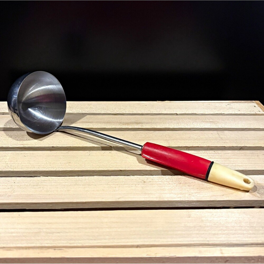 Vintage Stainless Steel Ladle Red Cream Bakelite Handle MCM Kitchen Utensil